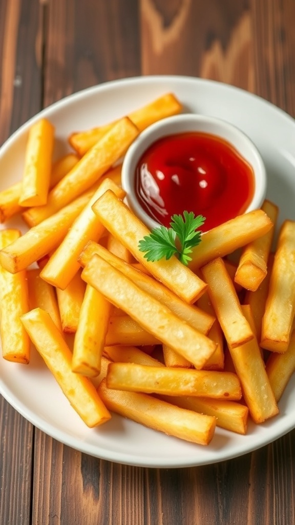 Crispy air fryer potato fries on a plate with ketchup and parsley garnish.